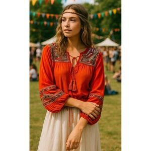 Free People Velvet Embroidered Blouse Size S Oversized Hippie Boho Hearts Aflame